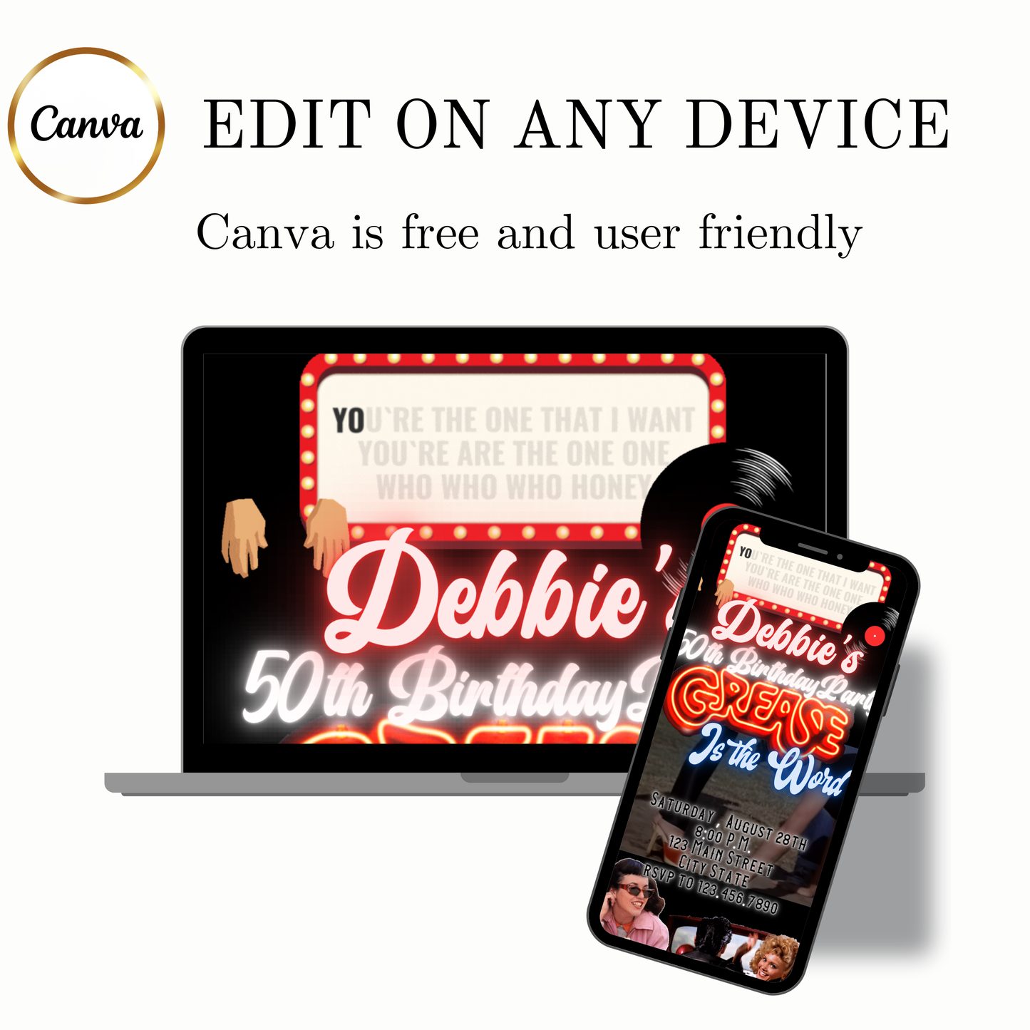 Grease Video Invitation | Digital Rockabilly 1950s Invitation | Editable Canva Evite Template