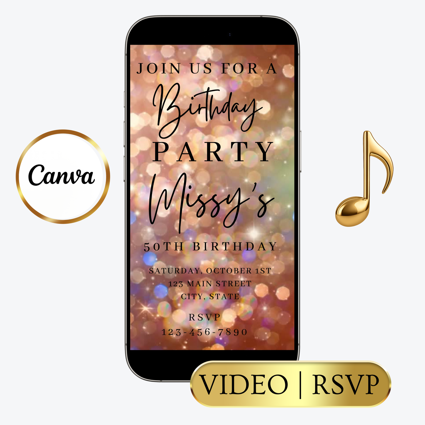 Rose Gold Bokeh Video Invitation | Animated Birthday Digital Evite | Editable Canva Invite Template