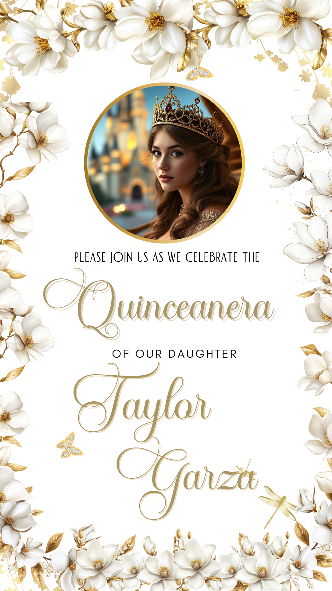 Ball gown tiara digital video invitation for quince