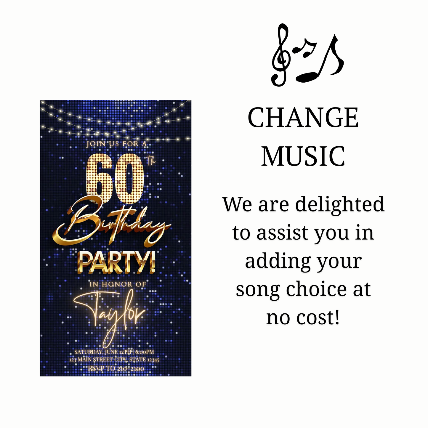 Editable navy sequin gold 60th birthday birthday video invitation displayed on a mobile phone, featuring an animated vertical digital invite with music, created in Canva. This premium video invitation template is designed for sharing by text, email, and social media and works with an interactive RSVP website for easy guest response tracking.