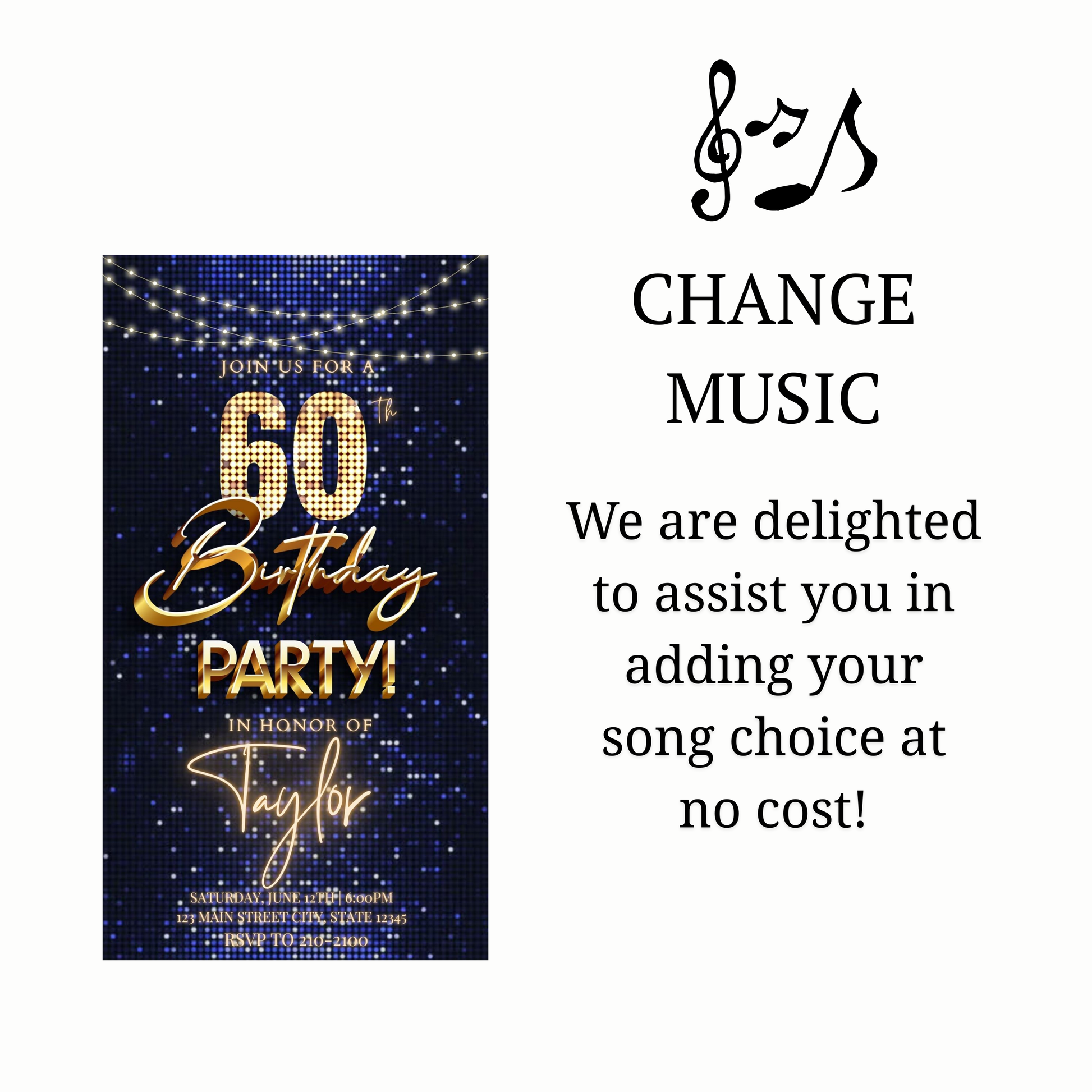 Editable navy sequin gold 60th birthday birthday video invitation displayed on a mobile phone, featuring an animated vertical digital invite with music, created in Canva. This premium video invitation template is designed for sharing by text, email, and social media and works with an interactive RSVP website for easy guest response tracking.