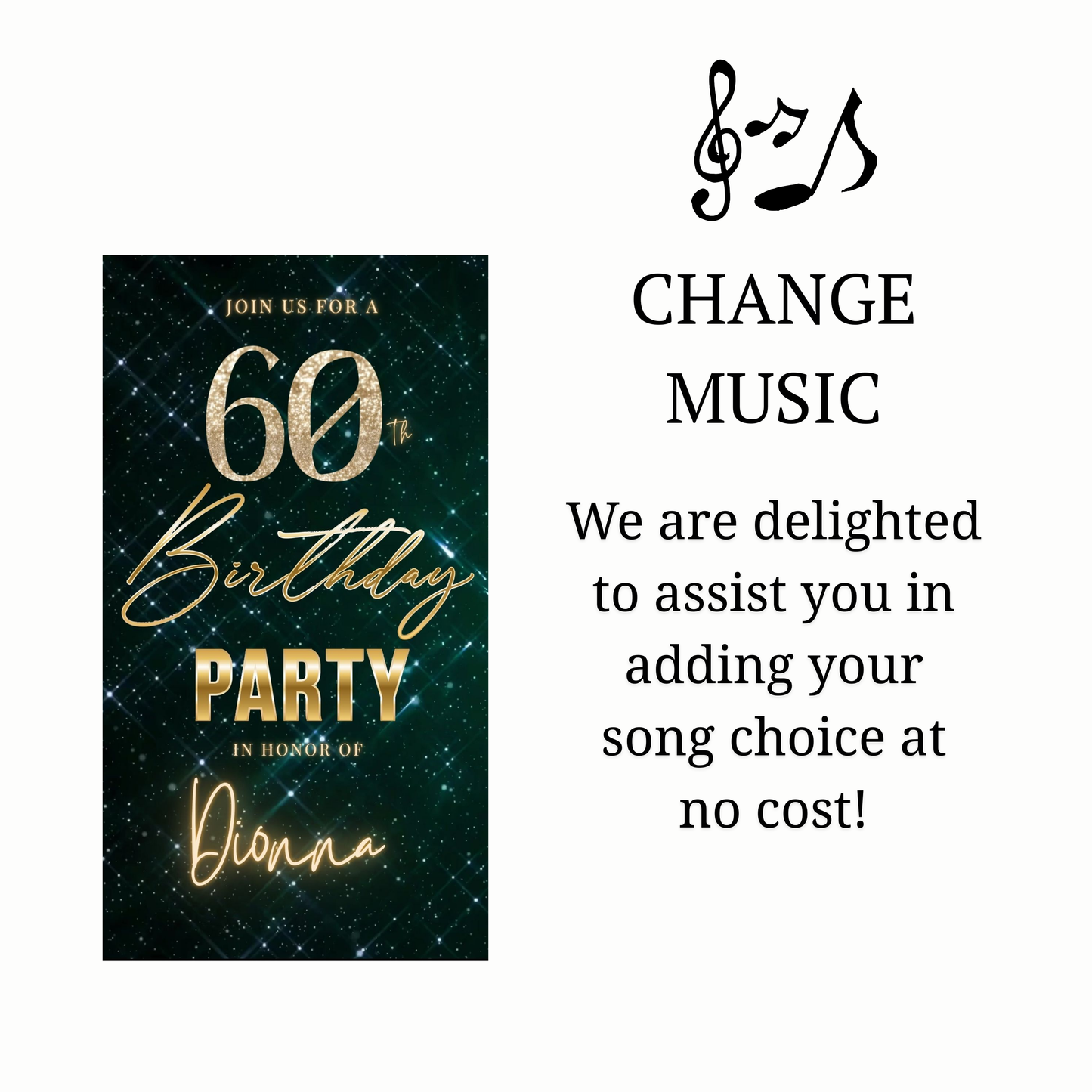 Editable teal glam 60th birthday birthday video invitation displayed on a mobile phone, featuring an animated vertical digital invite with music, created in Canva. This premium video invitation template is designed for sharing by text, email, and social media and works with an interactive RSVP website for easy guest response tracking.