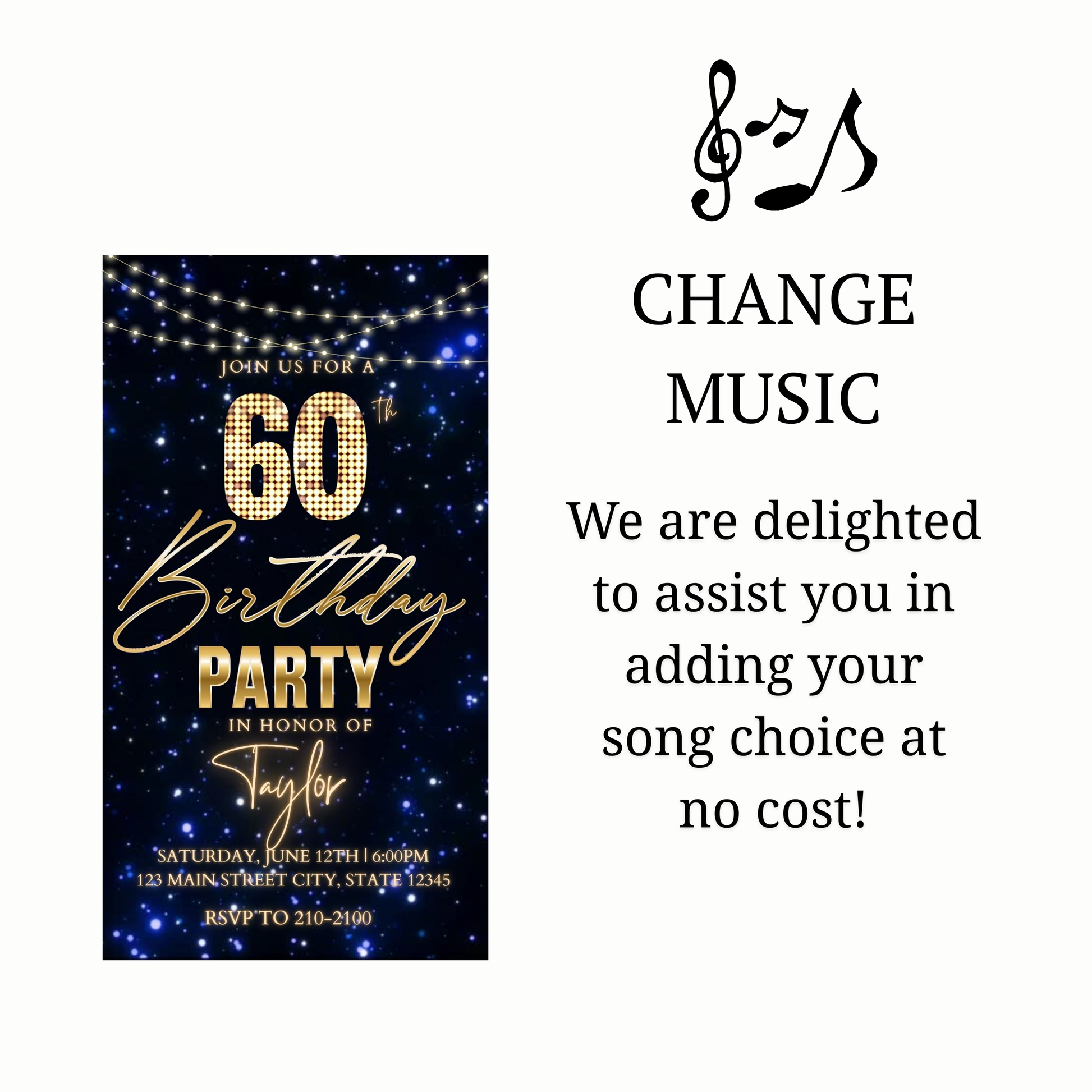 Editable navy gold starry 60th birthday birthday video invitation displayed on a mobile phone, featuring an animated vertical digital invite with music, created in Canva. This premium video invitation template is designed for sharing by text, email, and social media and works with an interactive RSVP website for easy guest response tracking.