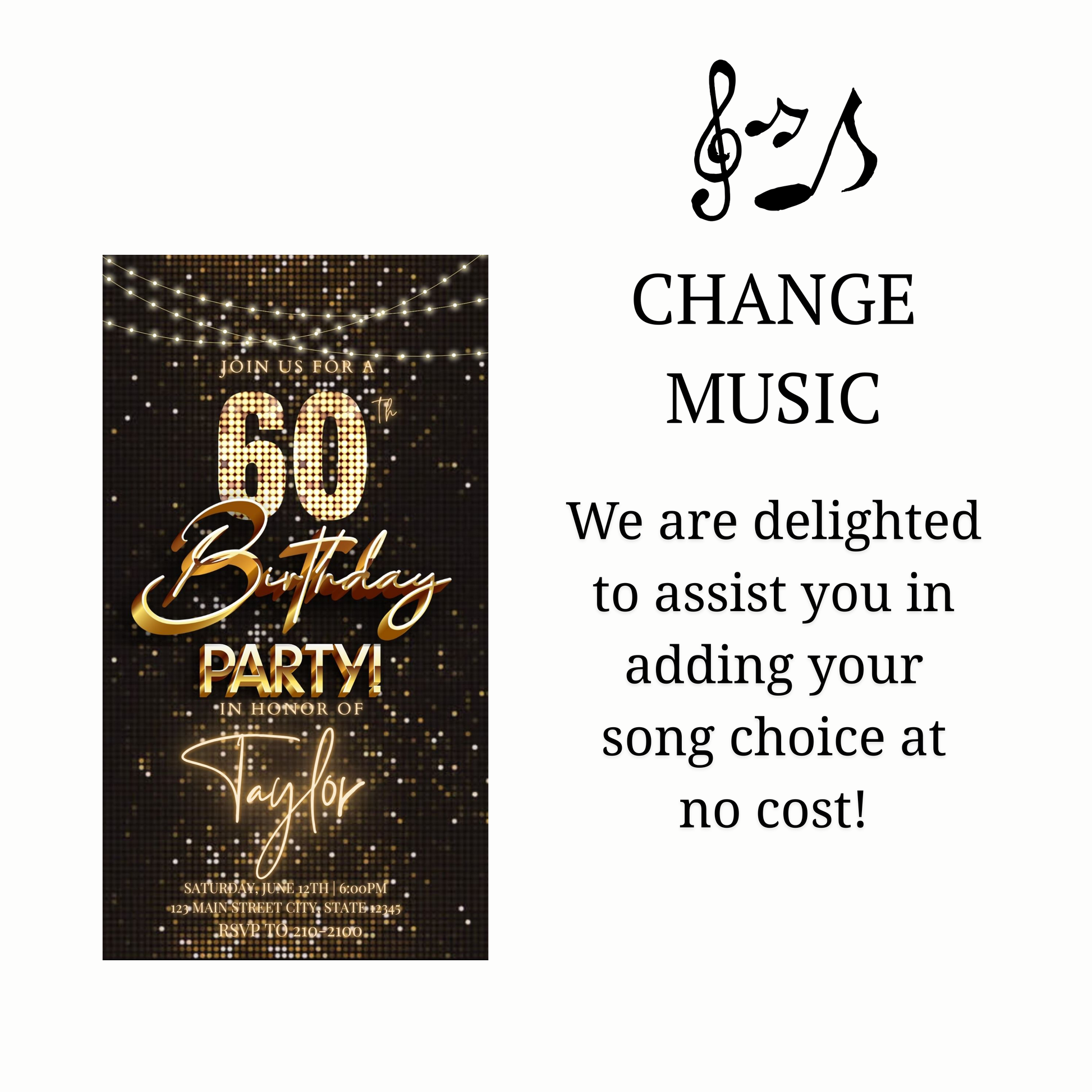 Editable gold party lights 60th birthday birthday video invitation displayed on a mobile phone, featuring an animated vertical digital invite with music, created in Canva. This premium video invitation template is designed for sharing by text, email, and social media and works with an interactive RSVP website for easy guest response tracking.