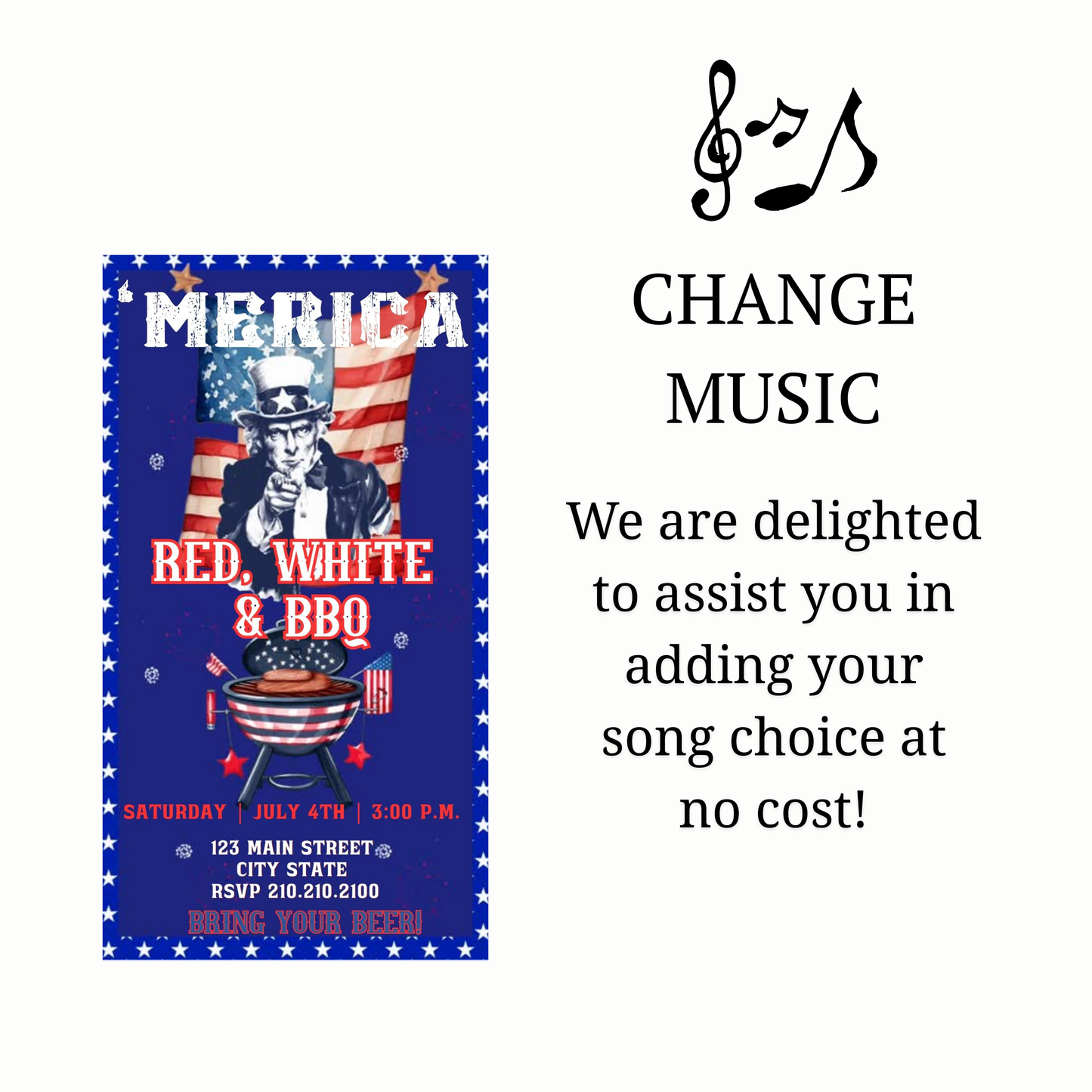 Editable red white blue bbq party party video invitation displayed on a mobile phone, featuring an animated vertical digital invite with music, created in Canva. This premium video invitation template is designed for sharing by text, email, and social media and works with an interactive RSVP website for easy guest response tracking.