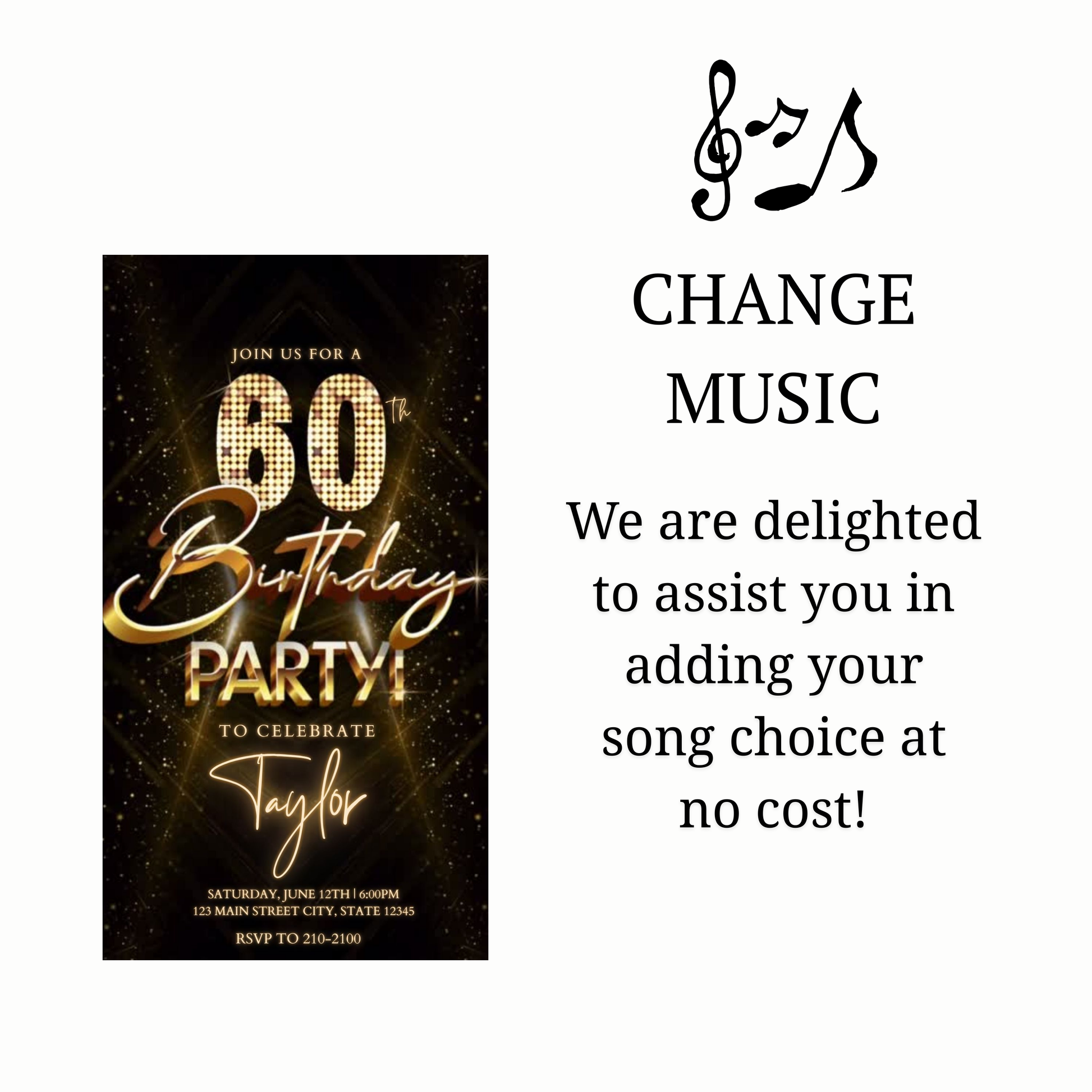Editable luxury gold spotlight 60th birthday birthday video invitation displayed on a mobile phone, featuring an animated vertical digital invite with music, created in Canva. This premium video invitation template is designed for sharing by text, email, and social media and works with an interactive RSVP website for easy guest response tracking.