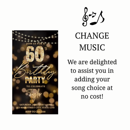Editable gold bokeh lights 60th birthday birthday video invitation displayed on a mobile phone, featuring an animated vertical digital invite with music, created in Canva. This premium video invitation template is designed for sharing by text, email, and social media and works with an interactive RSVP website for easy guest response tracking.