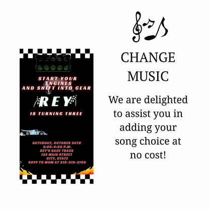 Editable race car birthday birthday video invitation displayed on a mobile phone, featuring an animated vertical digital invite with music, created in Canva. This premium video invitation template is designed for sharing by text, email, and social media and works with an interactive RSVP website for easy guest response tracking.