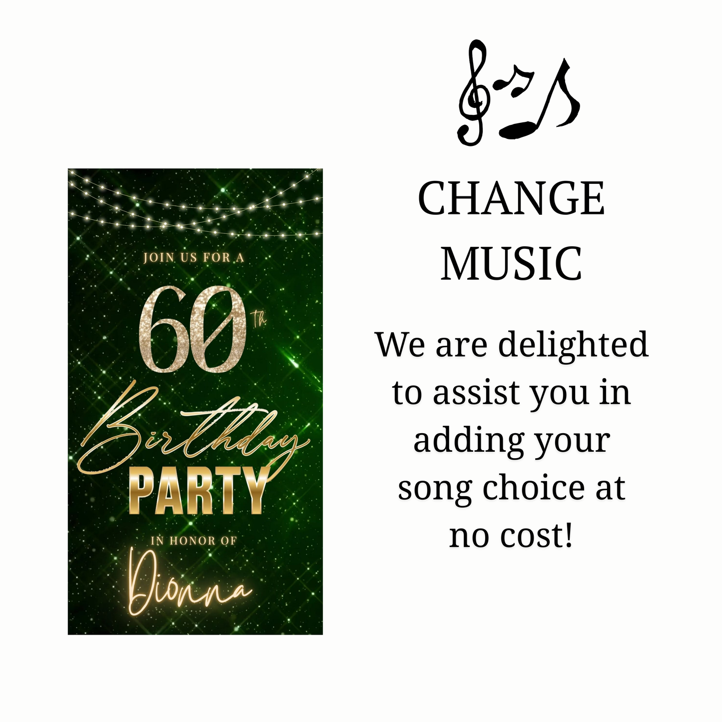 Editable emerald green gold 60th birthday birthday video invitation displayed on a mobile phone, featuring an animated vertical digital invite with music, created in Canva. This premium video invitation template is designed for sharing by text, email, and social media and works with an interactive RSVP website for easy guest response tracking.
