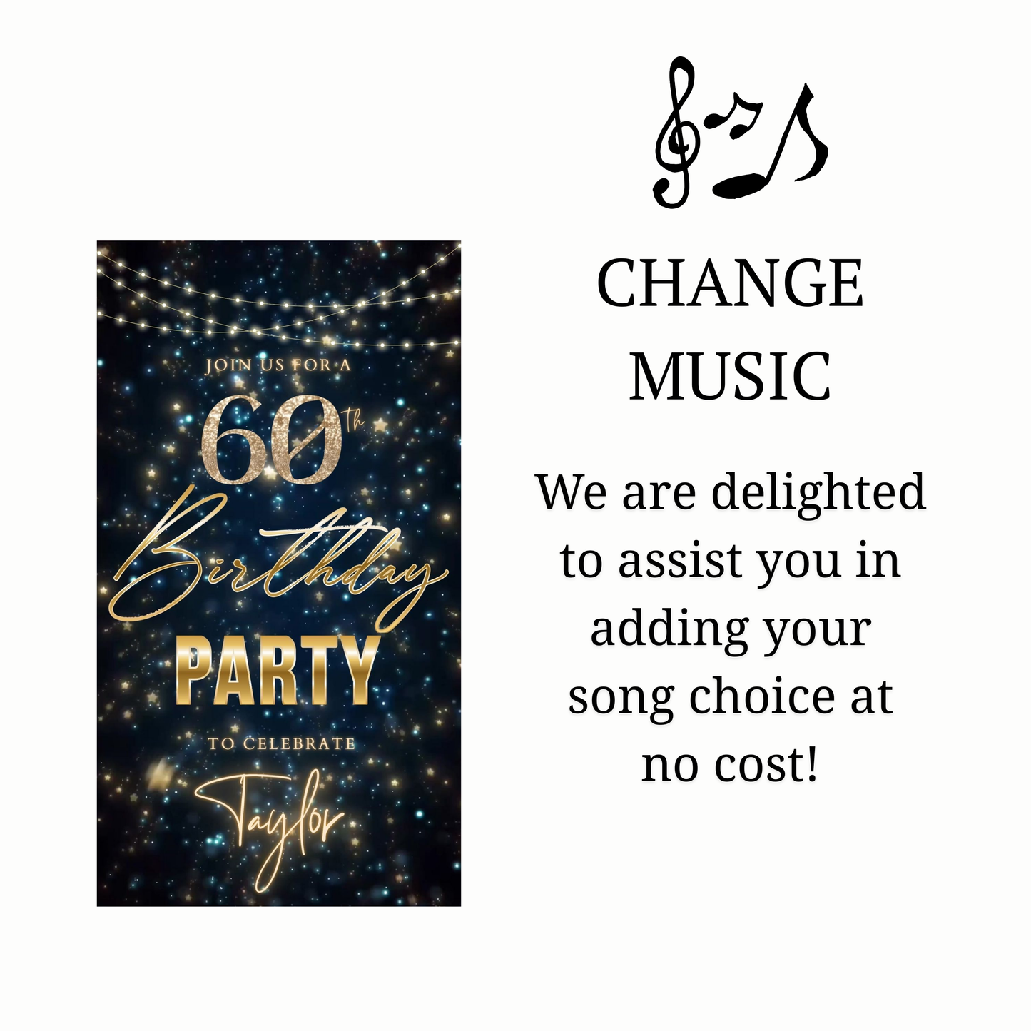 Editable teal gold star confetti 60th birthday birthday video invitation displayed on a mobile phone, featuring an animated vertical digital invite with music, created in Canva. This premium video invitation template is designed for sharing by text, email, and social media and works with an interactive RSVP website for easy guest response tracking.