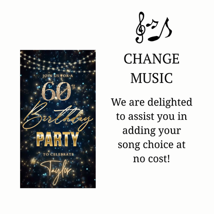 Editable teal gold star confetti 60th birthday birthday video invitation displayed on a mobile phone, featuring an animated vertical digital invite with music, created in Canva. This premium video invitation template is designed for sharing by text, email, and social media and works with an interactive RSVP website for easy guest response tracking.