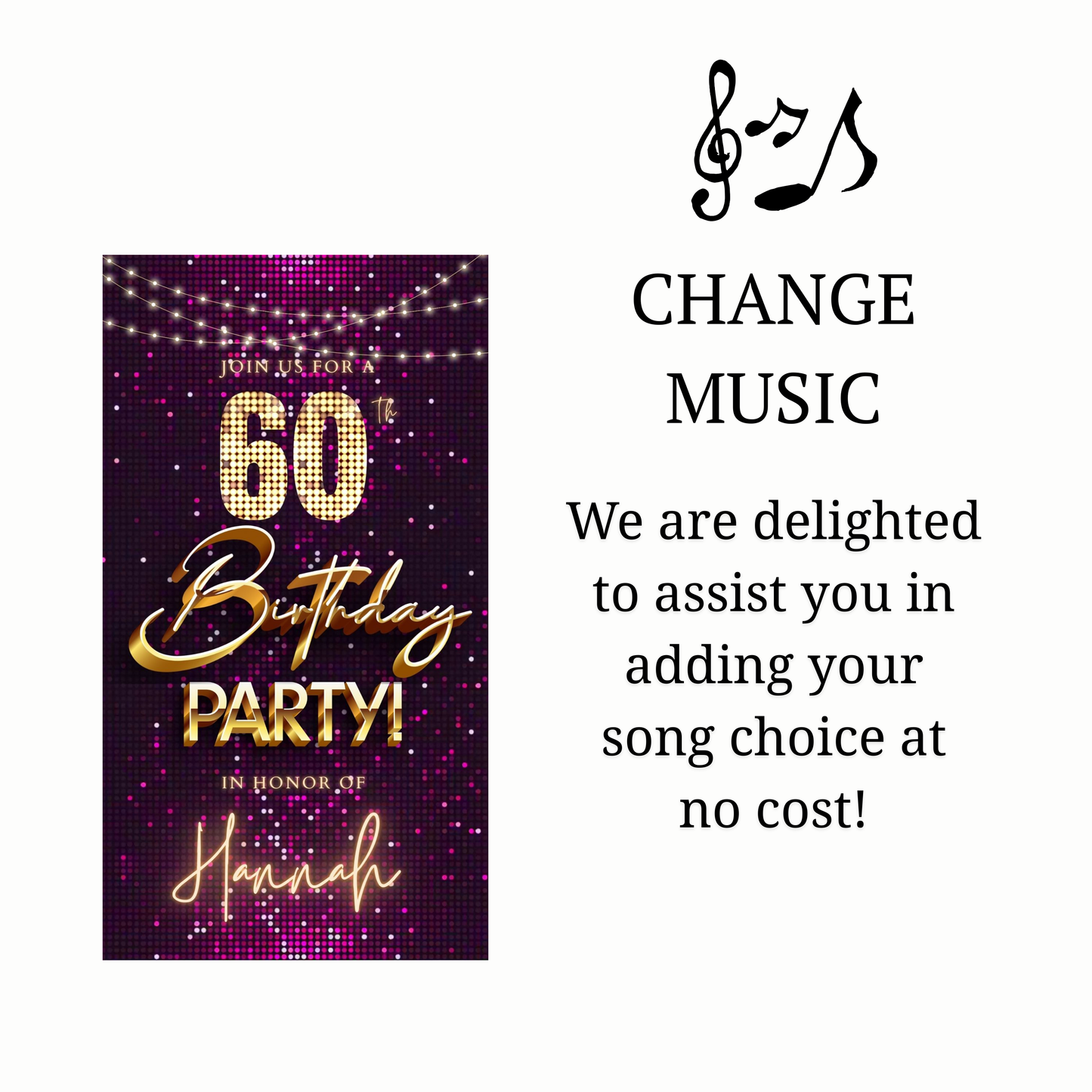 Editable violet gold sequin 60th birthday birthday video invitation displayed on a mobile phone, featuring an animated vertical digital invite with music, created in Canva. This premium video invitation template is designed for sharing by text, email, and social media and works with an interactive RSVP website for easy guest response tracking.