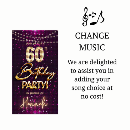 Editable violet gold sequin 60th birthday birthday video invitation displayed on a mobile phone, featuring an animated vertical digital invite with music, created in Canva. This premium video invitation template is designed for sharing by text, email, and social media and works with an interactive RSVP website for easy guest response tracking.
