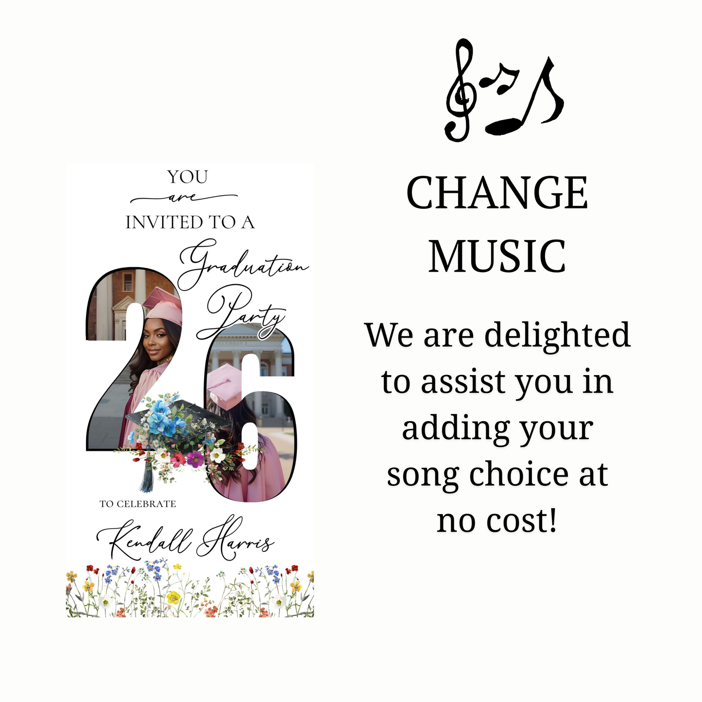 Editable floral graduation 2026 graduation video invitation displayed on a mobile phone, featuring an animated vertical digital invite with music, created in Canva. This premium video invitation template is designed for sharing by text, email, and social media and works with an interactive RSVP website for easy guest response tracking.