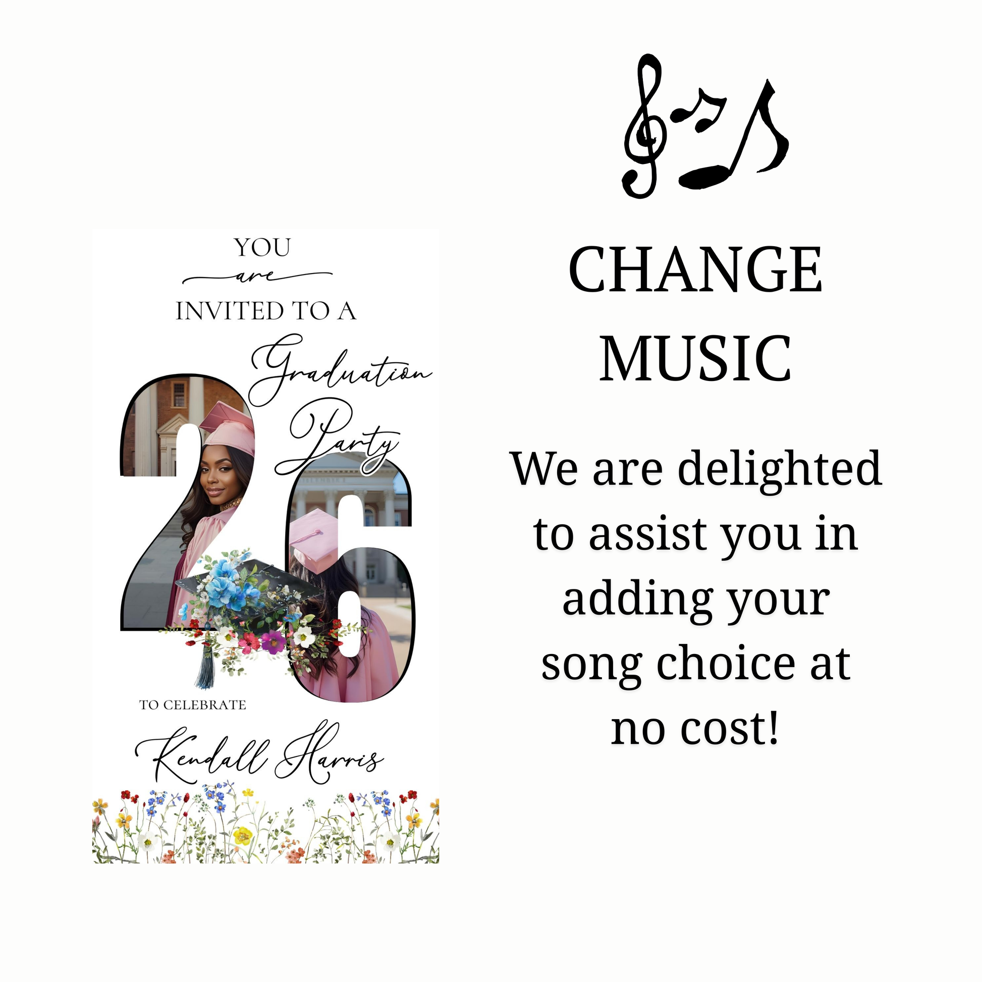 Editable floral graduation 2026 graduation video invitation displayed on a mobile phone, featuring an animated vertical digital invite with music, created in Canva. This premium video invitation template is designed for sharing by text, email, and social media and works with an interactive RSVP website for easy guest response tracking.