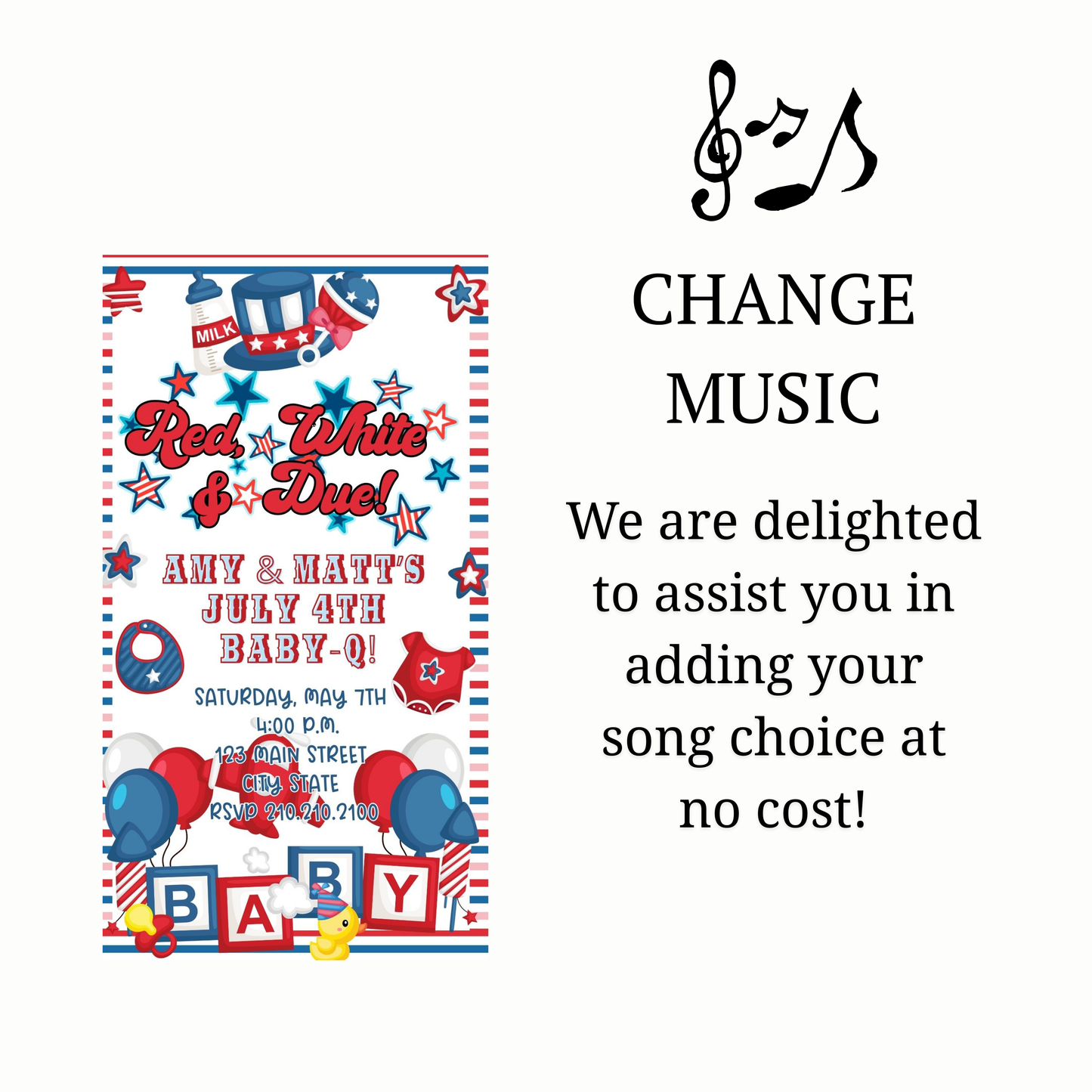 Editable red white blue 4th of july baby shower baby shower video invitation displayed on a mobile phone, featuring an animated vertical digital invite with music, created in Canva. This premium video invitation template is designed for sharing by text, email, and social media and works with an interactive RSVP website for easy guest response tracking.