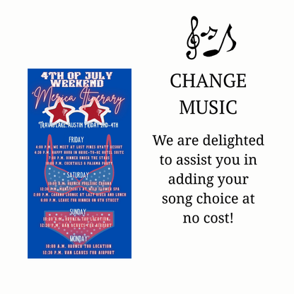 Editable patriotic 4th of july weekend party party video invitation displayed on a mobile phone, featuring an animated vertical digital invite with music, created in Canva. This premium video invitation template is designed for sharing by text, email, and social media and works with an interactive RSVP website for easy guest response tracking.