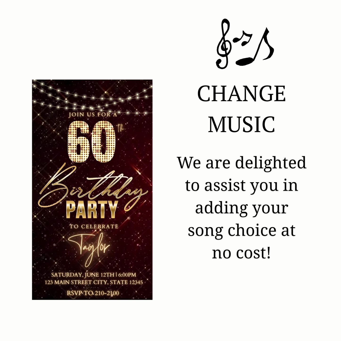 Editable maroon gold sparkle 60th birthday birthday video invitation displayed on a mobile phone, featuring an animated vertical digital invite with music, created in Canva. This premium video invitation template is designed for sharing by text, email, and social media and works with an interactive RSVP website for easy guest response tracking.
