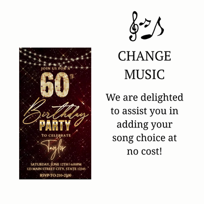 Editable maroon gold sparkle 60th birthday birthday video invitation displayed on a mobile phone, featuring an animated vertical digital invite with music, created in Canva. This premium video invitation template is designed for sharing by text, email, and social media and works with an interactive RSVP website for easy guest response tracking.