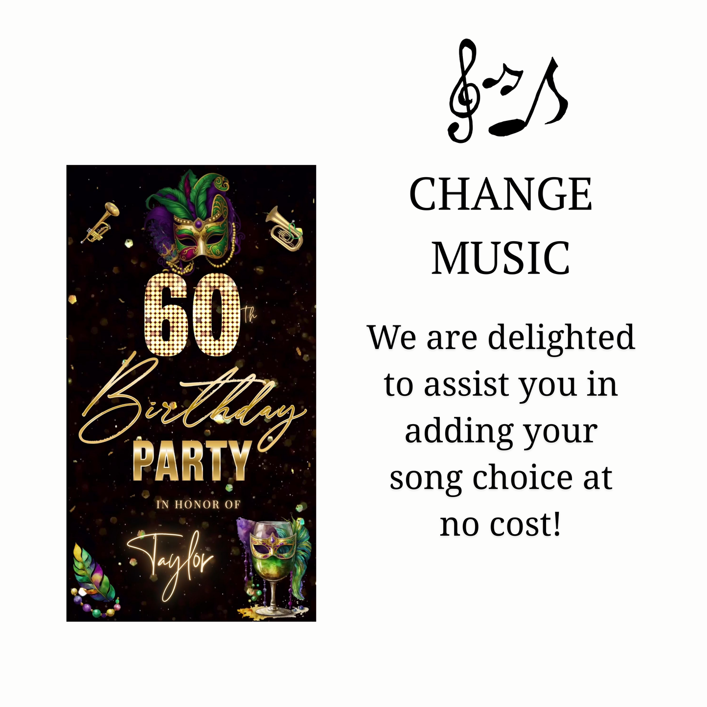 Editable mardi gras masquerade 60th birthday birthday video invitation displayed on a mobile phone, featuring an animated vertical digital invite with music, created in Canva. This premium video invitation template is designed for sharing by text, email, and social media and works with an interactive RSVP website for easy guest response tracking.