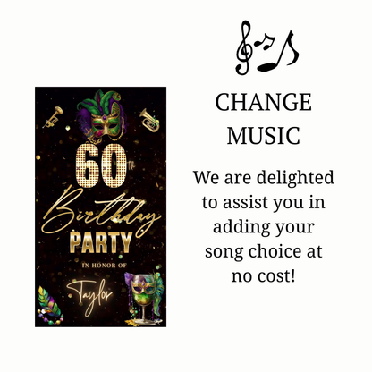 Editable mardi gras masquerade 60th birthday birthday video invitation displayed on a mobile phone, featuring an animated vertical digital invite with music, created in Canva. This premium video invitation template is designed for sharing by text, email, and social media and works with an interactive RSVP website for easy guest response tracking.