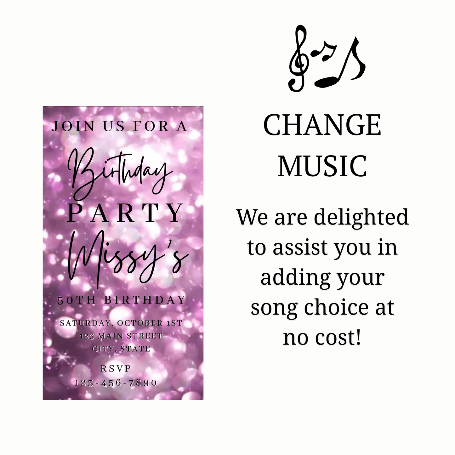 Editable lavender bokeh 50th birthday birthday video invitation displayed on a mobile phone, featuring an animated vertical digital invite with music, created in Canva. This premium video invitation template is designed for sharing by text, email, and social media and works with an interactive RSVP website for easy guest response tracking.