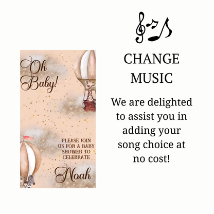 Editable noah’s ark baby shower baby shower video invitation displayed on a mobile phone, featuring an animated vertical digital invite with music, created in Canva. This premium video invitation template is designed for sharing by text, email, and social media and works with an interactive RSVP website for easy guest response tracking.