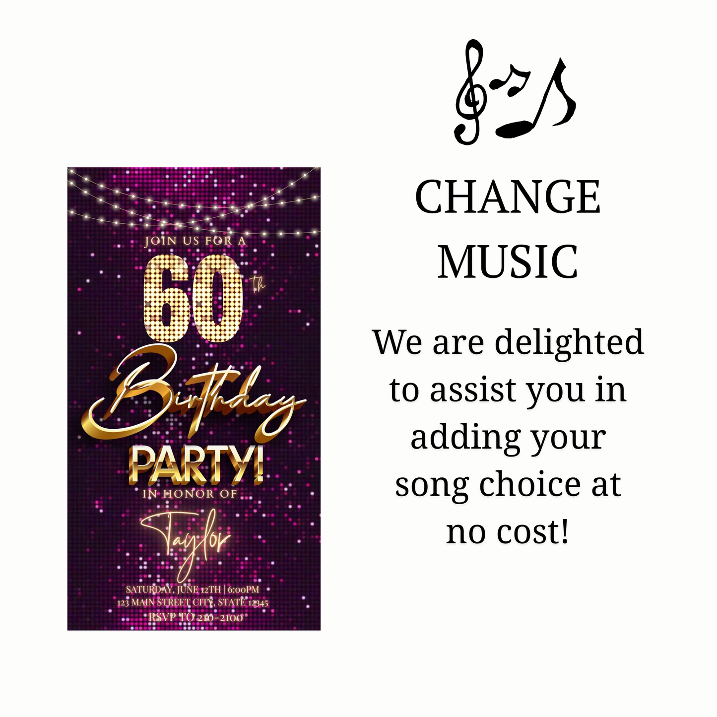Editable violet gold sequin 60th birthday birthday video invitation displayed on a mobile phone, featuring an animated vertical digital invite with music, created in Canva. This premium video invitation template is designed for sharing by text, email, and social media and works with an interactive RSVP website for easy guest response tracking.