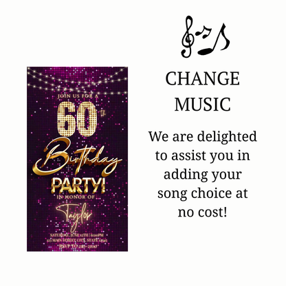 Editable violet gold sequin 60th birthday birthday video invitation displayed on a mobile phone, featuring an animated vertical digital invite with music, created in Canva. This premium video invitation template is designed for sharing by text, email, and social media and works with an interactive RSVP website for easy guest response tracking.