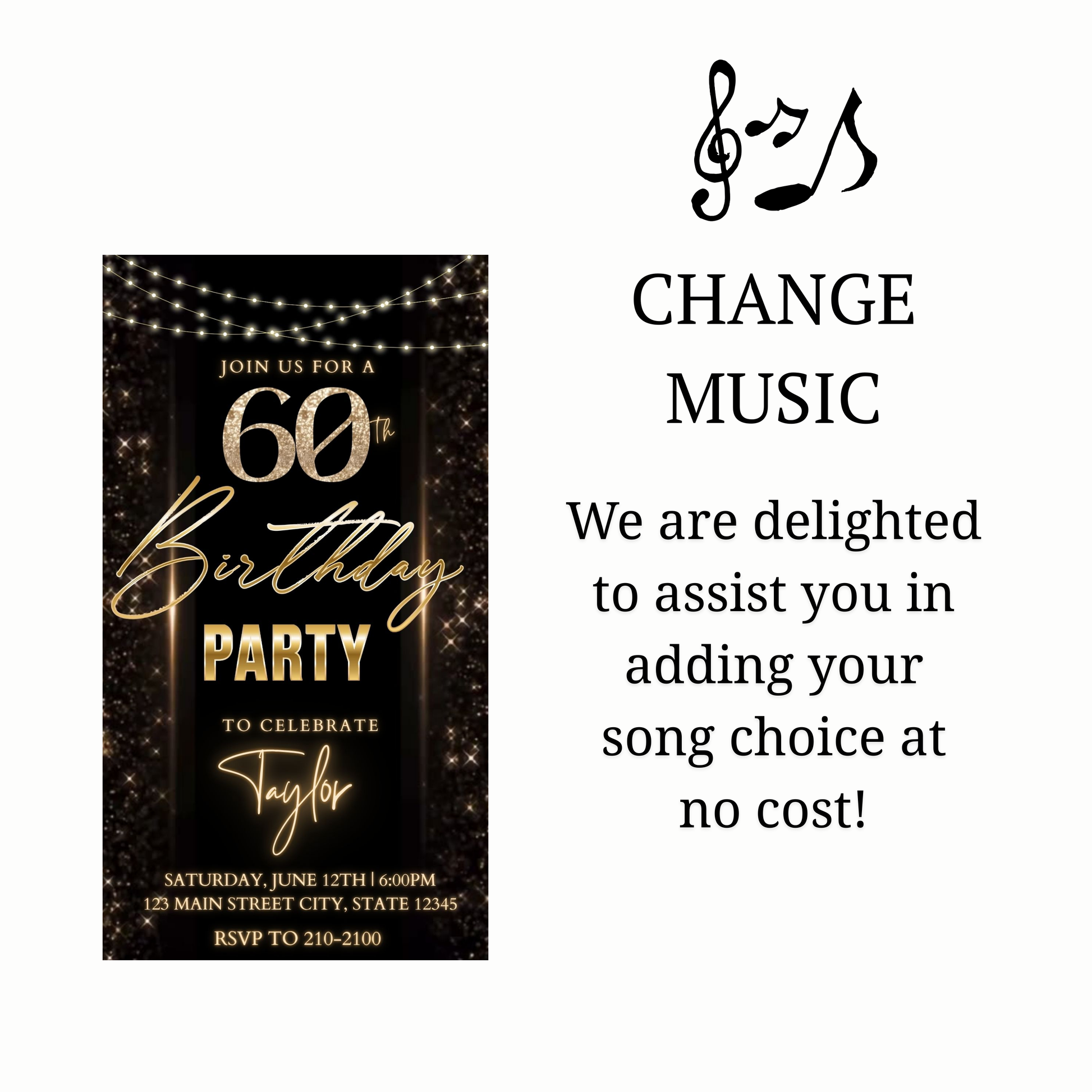 Editable black gold sparkle 60th birthday birthday video invitation displayed on a mobile phone, featuring an animated vertical digital invite with music, created in Canva. This premium video invitation template is designed for sharing by text, email, and social media and works with an interactive RSVP website for easy guest response tracking.