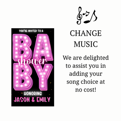 Editable pink neon baby shower baby shower video invitation displayed on a mobile phone, featuring an animated vertical digital invite with music, created in Canva. This premium video invitation template is designed for sharing by text, email, and social media and works with an interactive RSVP website for easy guest response tracking.