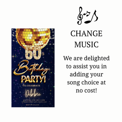 Editable retro disco ball 60th birthday birthday video invitation displayed on a mobile phone, featuring an animated vertical digital invite with music, created in Canva. This premium video invitation template is designed for sharing by text, email, and social media and works with an interactive RSVP website for easy guest response tracking.