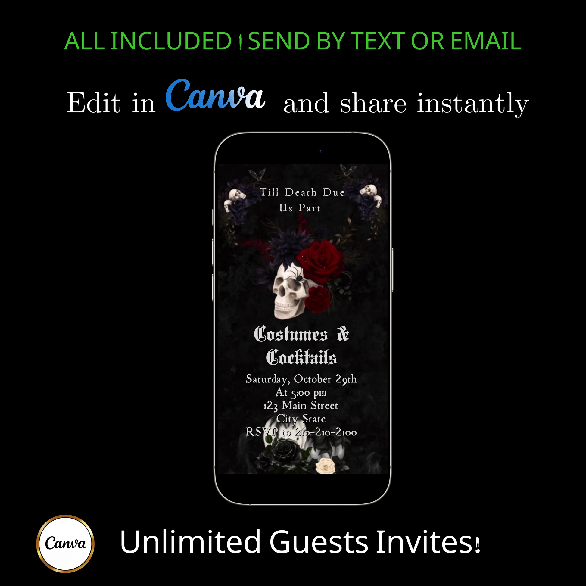 Editable gothic halloween wedding party wedding video invitation displayed on a mobile phone, featuring an animated vertical digital invite with music, created in Canva. This premium video invitation template is designed for sharing by text, email, and social media and works with an interactive RSVP website for easy guest response tracking.