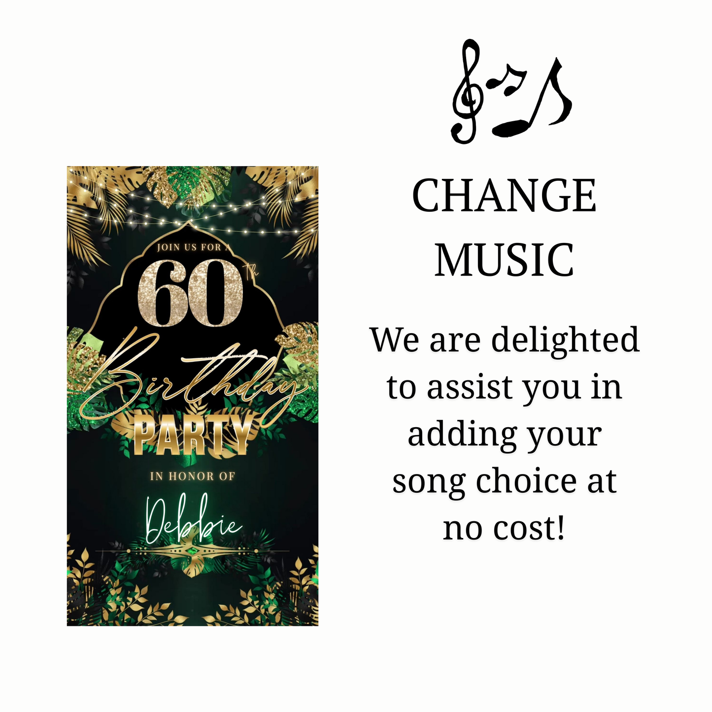 Editable safari green gold 60th birthday birthday video invitation displayed on a mobile phone, featuring an animated vertical digital invite with music, created in Canva. This premium video invitation template is designed for sharing by text, email, and social media and works with an interactive RSVP website for easy guest response tracking.