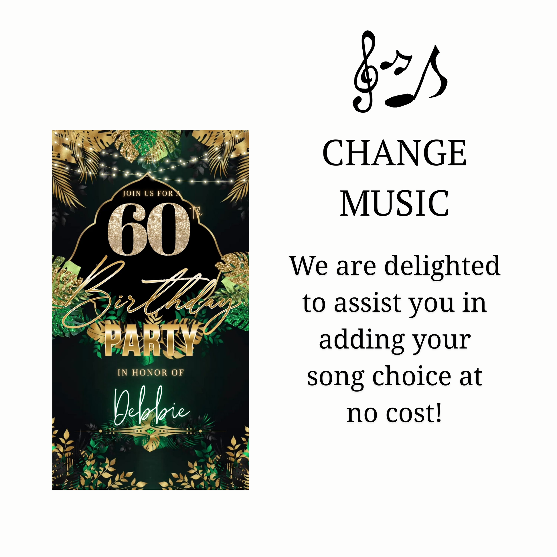 Editable safari green gold 60th birthday birthday video invitation displayed on a mobile phone, featuring an animated vertical digital invite with music, created in Canva. This premium video invitation template is designed for sharing by text, email, and social media and works with an interactive RSVP website for easy guest response tracking.