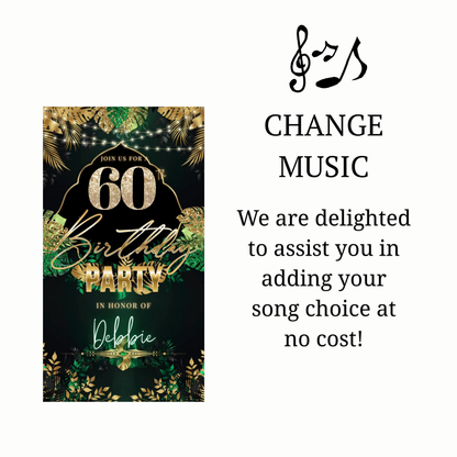 Editable safari green gold 60th birthday birthday video invitation displayed on a mobile phone, featuring an animated vertical digital invite with music, created in Canva. This premium video invitation template is designed for sharing by text, email, and social media and works with an interactive RSVP website for easy guest response tracking.