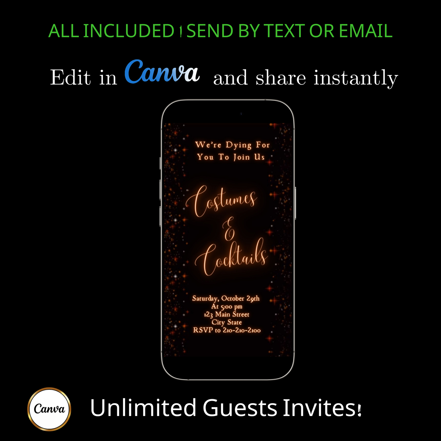 Editable sparkle halloween party party video invitation displayed on a mobile phone, featuring an animated vertical digital invite with music, created in Canva. This premium video invitation template is designed for sharing by text, email, and social media and works with an interactive RSVP website for easy guest response tracking.