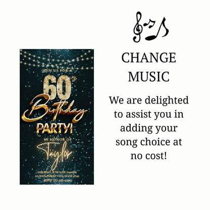 Editable teal gold disco 60th birthday birthday video invitation displayed on a mobile phone, featuring an animated vertical digital invite with music, created in Canva. This premium video invitation template is designed for sharing by text, email, and social media and works with an interactive RSVP website for easy guest response tracking.