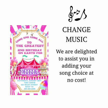Editable pink circus 2nd birthday birthday video invitation displayed on a mobile phone, featuring an animated vertical digital invite with music, created in Canva. This premium video invitation template is designed for sharing by text, email, and social media and works with an interactive RSVP website for easy guest response tracking.