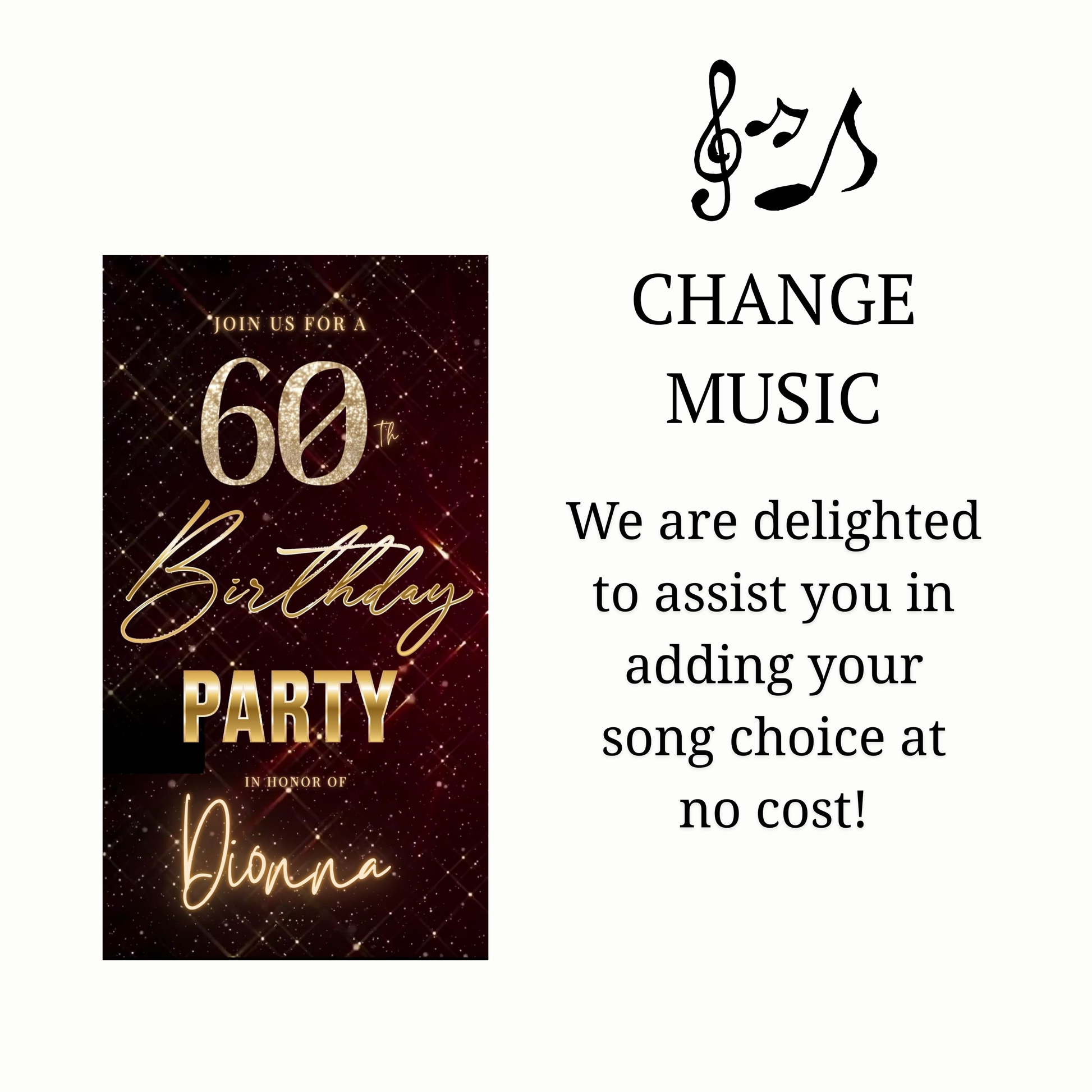 Editable maroon gold elegant 60th birthday birthday video invitation displayed on a mobile phone, featuring an animated vertical digital invite with music, created in Canva. This premium video invitation template is designed for sharing by text, email, and social media and works with an interactive RSVP website for easy guest response tracking.