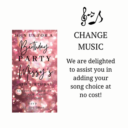 Editable rose gold bokeh 50th birthday birthday video invitation displayed on a mobile phone, featuring an animated vertical digital invite with music, created in Canva. This premium video invitation template is designed for sharing by text, email, and social media and works with an interactive RSVP website for easy guest response tracking.