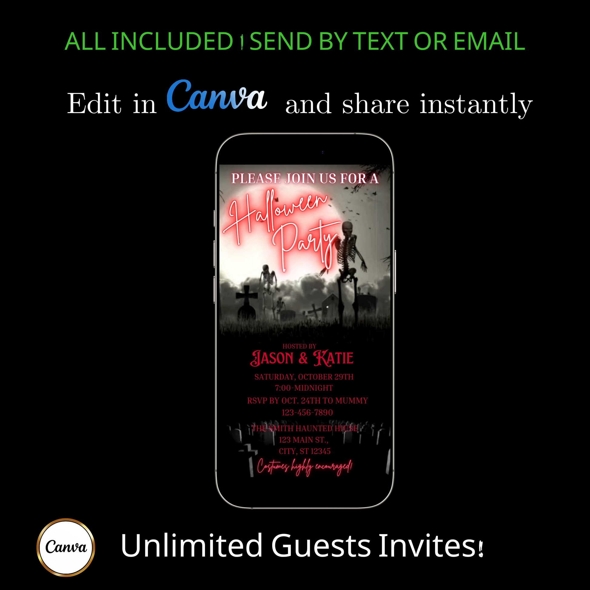 Editable graveyard halloween party party video invitation displayed on a mobile phone, featuring an animated vertical digital invite with music, created in Canva. This premium video invitation template is designed for sharing by text, email, and social media and works with an interactive RSVP website for easy guest response tracking.
