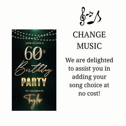 Editable dark emerald gold 60th birthday birthday video invitation displayed on a mobile phone, featuring an animated vertical digital invite with music, created in Canva. This premium video invitation template is designed for sharing by text, email, and social media and works with an interactive RSVP website for easy guest response tracking.