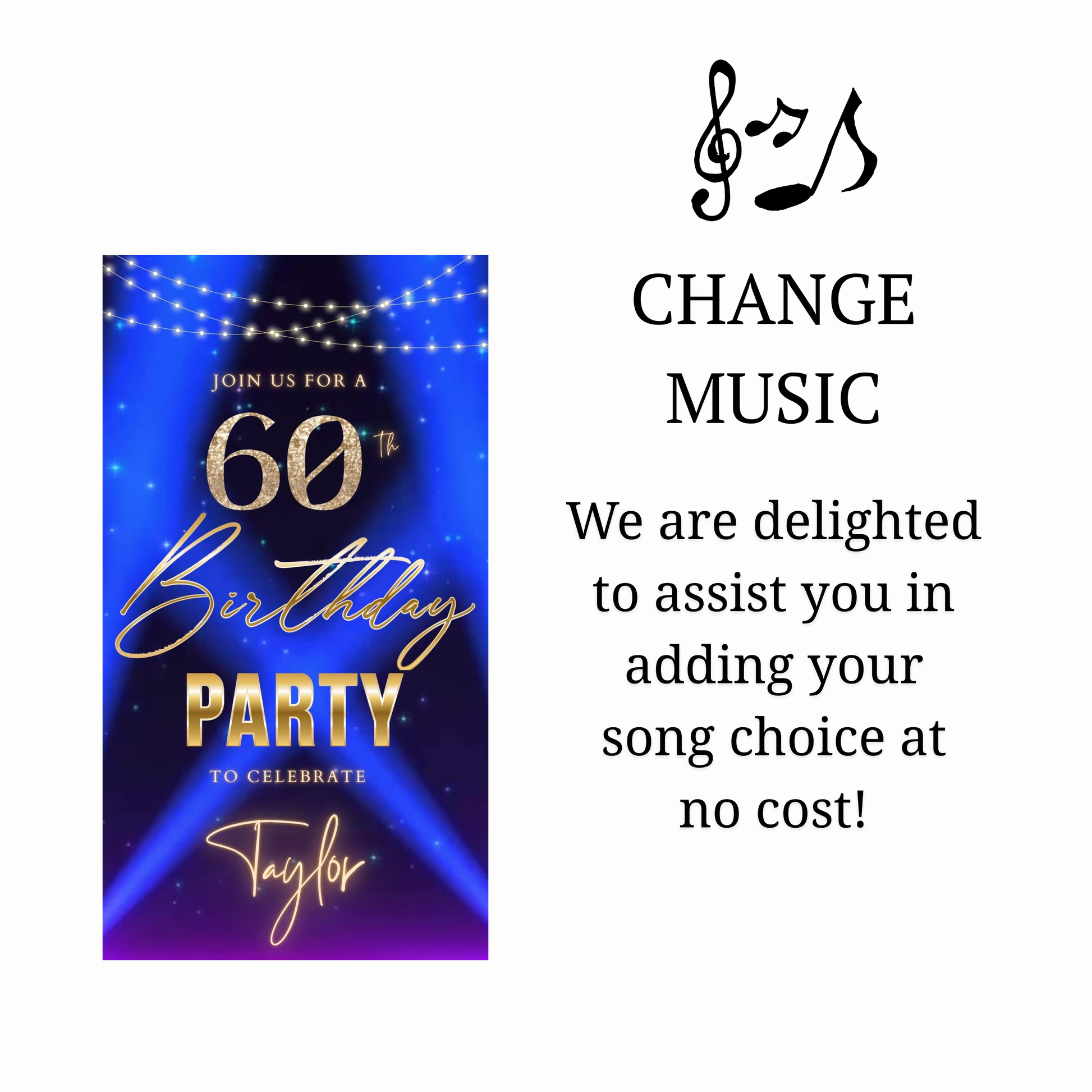 Editable blue purple spotlight 60th birthday birthday video invitation displayed on a mobile phone, featuring an animated vertical digital invite with music, created in Canva. This premium video invitation template is designed for sharing by text, email, and social media and works with an interactive RSVP website for easy guest response tracking.