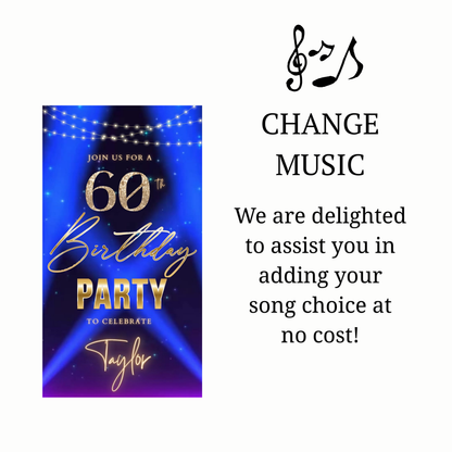 Editable blue purple spotlight 60th birthday birthday video invitation displayed on a mobile phone, featuring an animated vertical digital invite with music, created in Canva. This premium video invitation template is designed for sharing by text, email, and social media and works with an interactive RSVP website for easy guest response tracking.