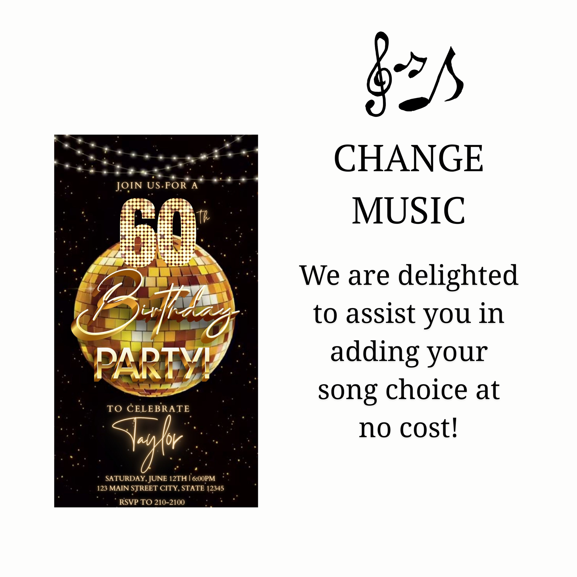 Editable gold disco ball 60th birthday birthday video invitation displayed on a mobile phone, featuring an animated vertical digital invite with music, created in Canva. This premium video invitation template is designed for sharing by text, email, and social media and works with an interactive RSVP website for easy guest response tracking.
