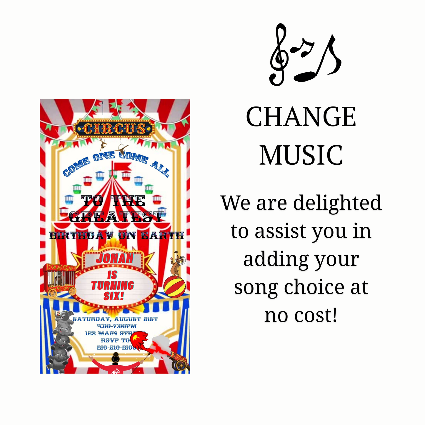 Editable red circus 6th birthday birthday video invitation displayed on a mobile phone, featuring an animated vertical digital invite with music, created in Canva. This premium video invitation template is designed for sharing by text, email, and social media and works with an interactive RSVP website for easy guest response tracking.