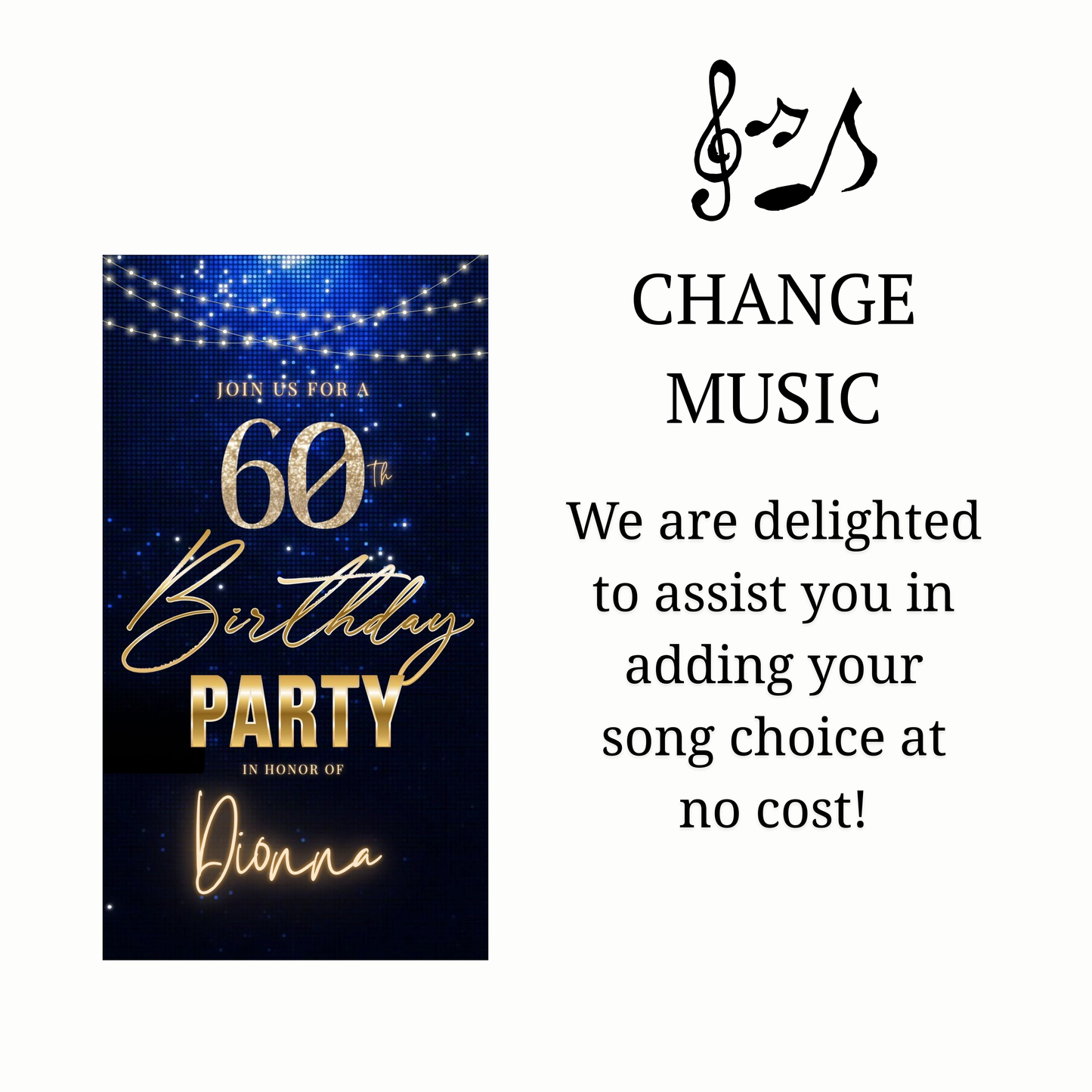 Editable royal blue gold elegant 60th birthday birthday video invitation displayed on a mobile phone, featuring an animated vertical digital invite with music, created in Canva. This premium video invitation template is designed for sharing by text, email, and social media and works with an interactive RSVP website for easy guest response tracking.