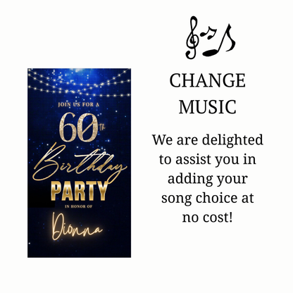 Editable royal blue gold elegant 60th birthday birthday video invitation displayed on a mobile phone, featuring an animated vertical digital invite with music, created in Canva. This premium video invitation template is designed for sharing by text, email, and social media and works with an interactive RSVP website for easy guest response tracking.