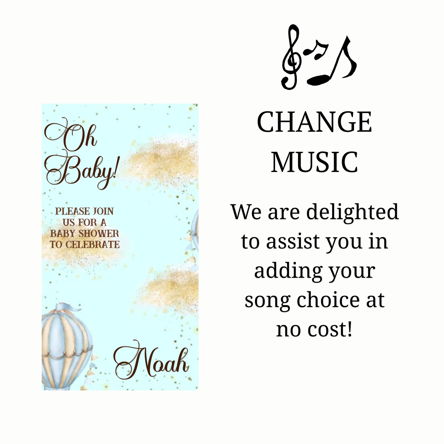 Editable blue hot air balloon boy baby shower baby shower video invitation displayed on a mobile phone, featuring an animated vertical digital invite with music, created in Canva. This premium video invitation template is designed for sharing by text, email, and social media and works with an interactive RSVP website for easy guest response tracking.